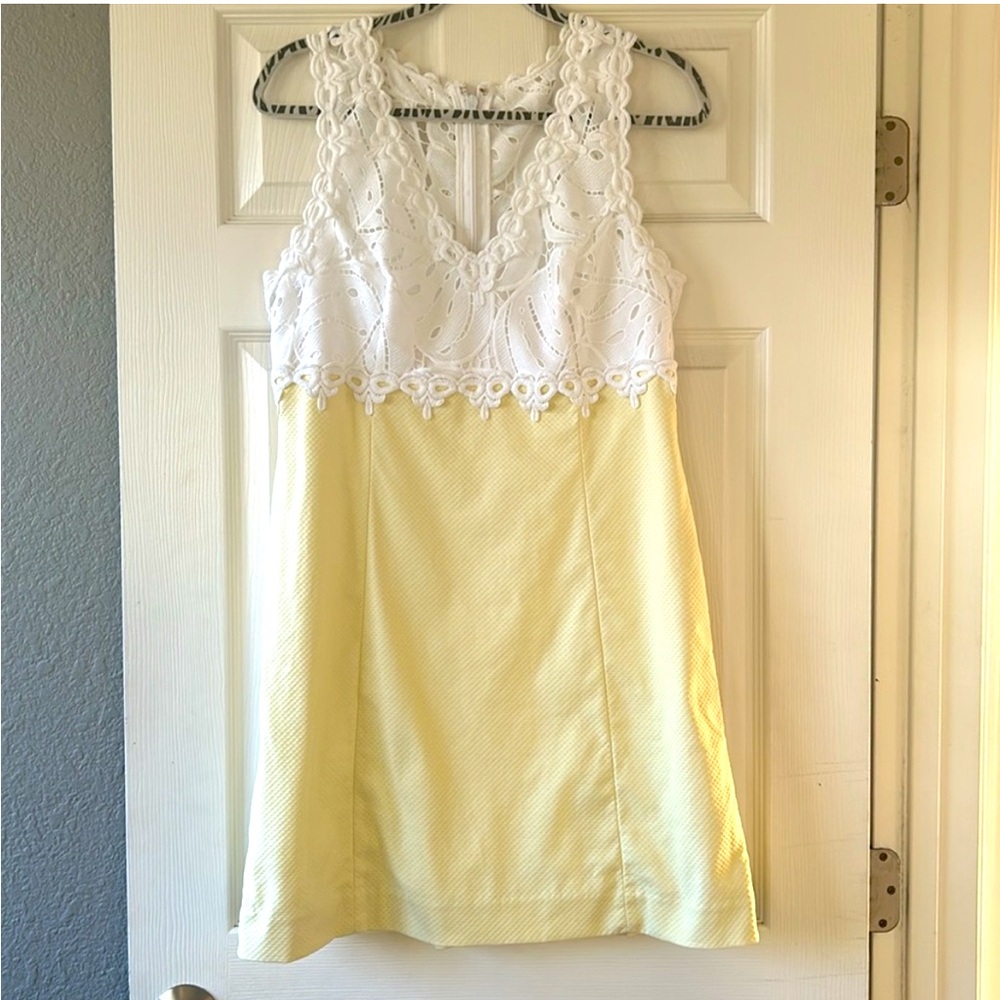 Lilly Pulitzer Sandi stretch shift dress, pineapple ye (yellow) with white lace